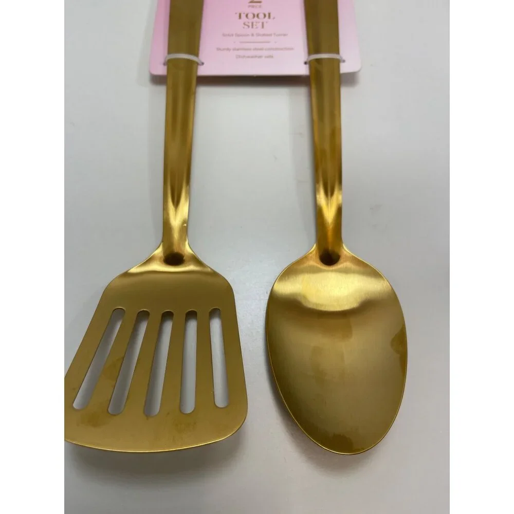 Paris Hilton 2-Piece Tool Set Gold‎ Solid Spoon & Slotted Turner Stainless Steel